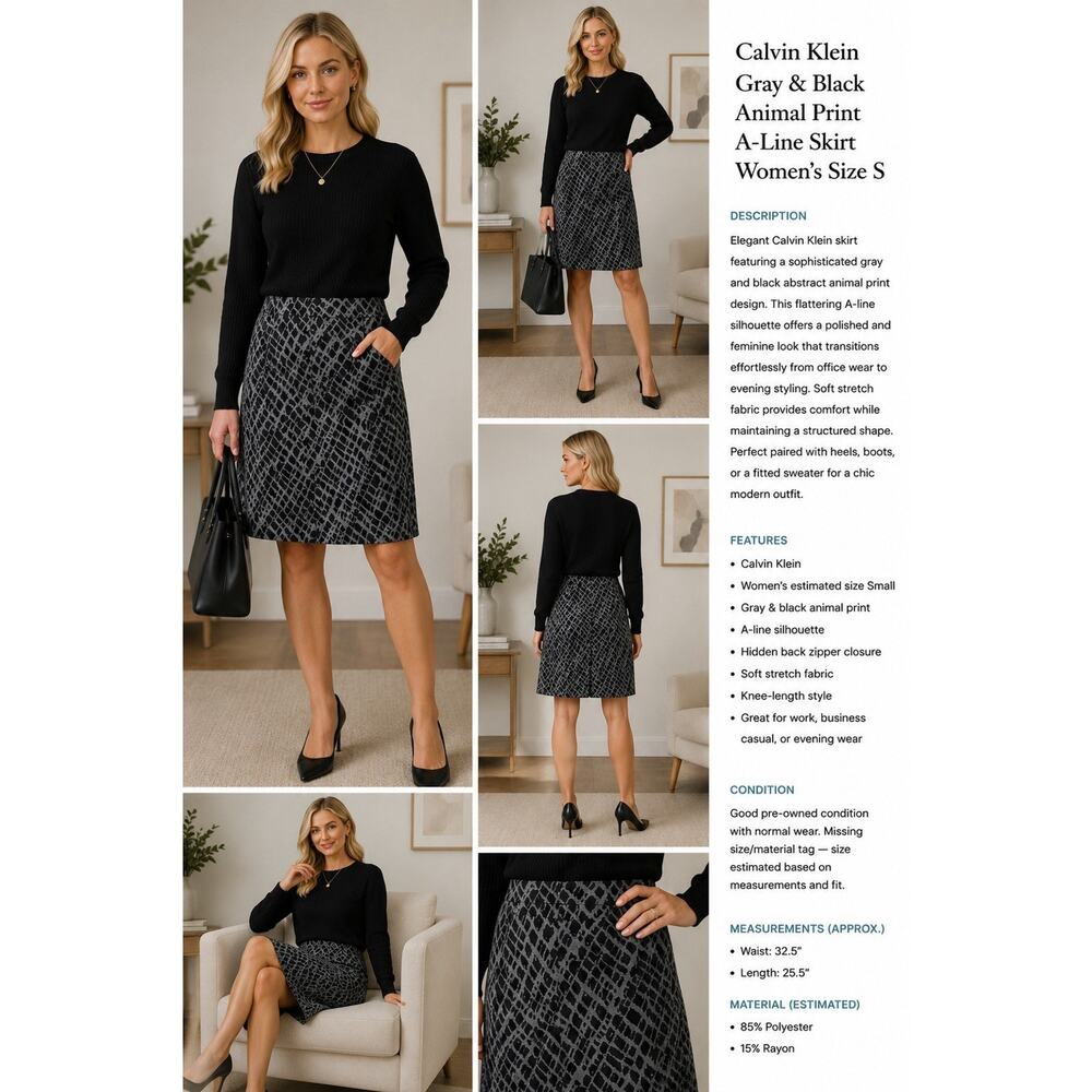 Calvin Klein Gray & Black Animal Print A-Line Skirt Women’s Size S